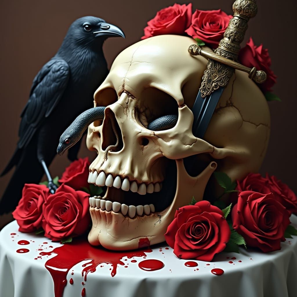 Dark Surrealism: Snake Emerges from Skull's Empty Eye Socket