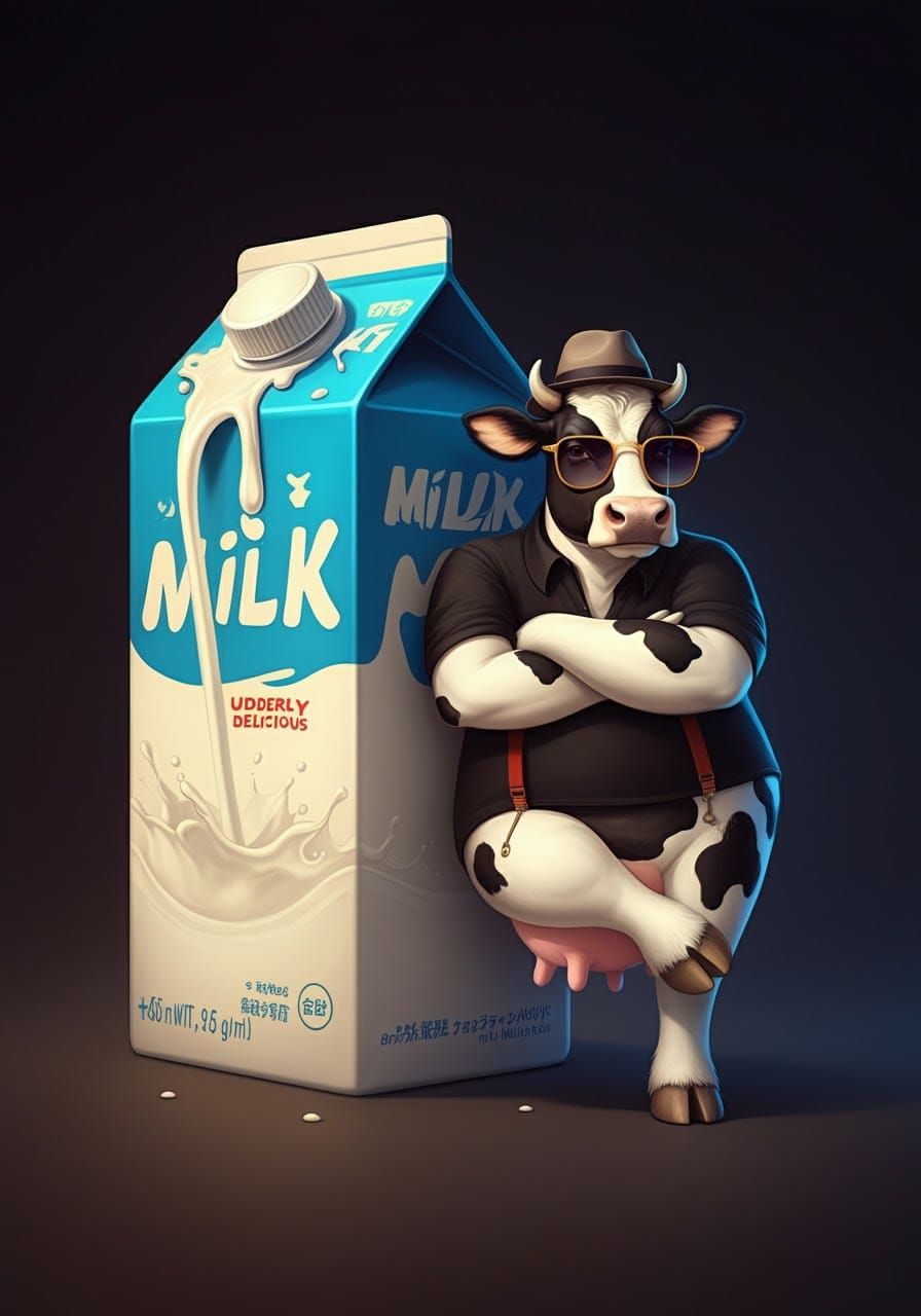 Cool Anthropomorphic Cow Leaning on Milk Carton
