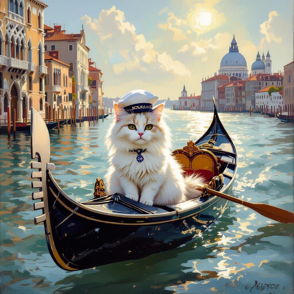 Fluffy Cat Sailor Navigates Venice in Ornate Gondola