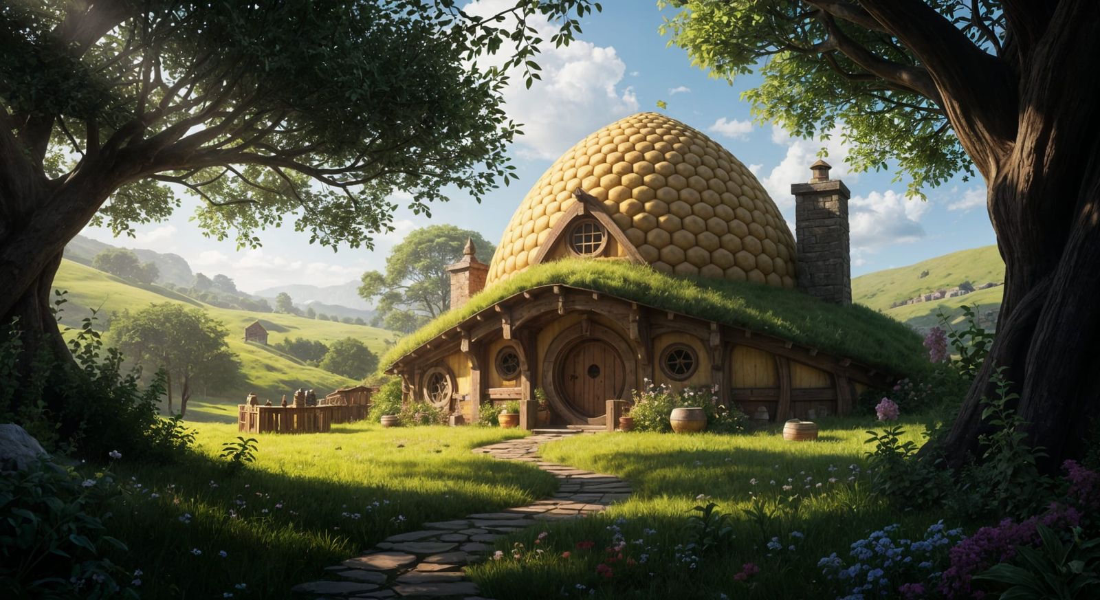 Hobbit House with Honeycomb Structure in Oil Painting Style