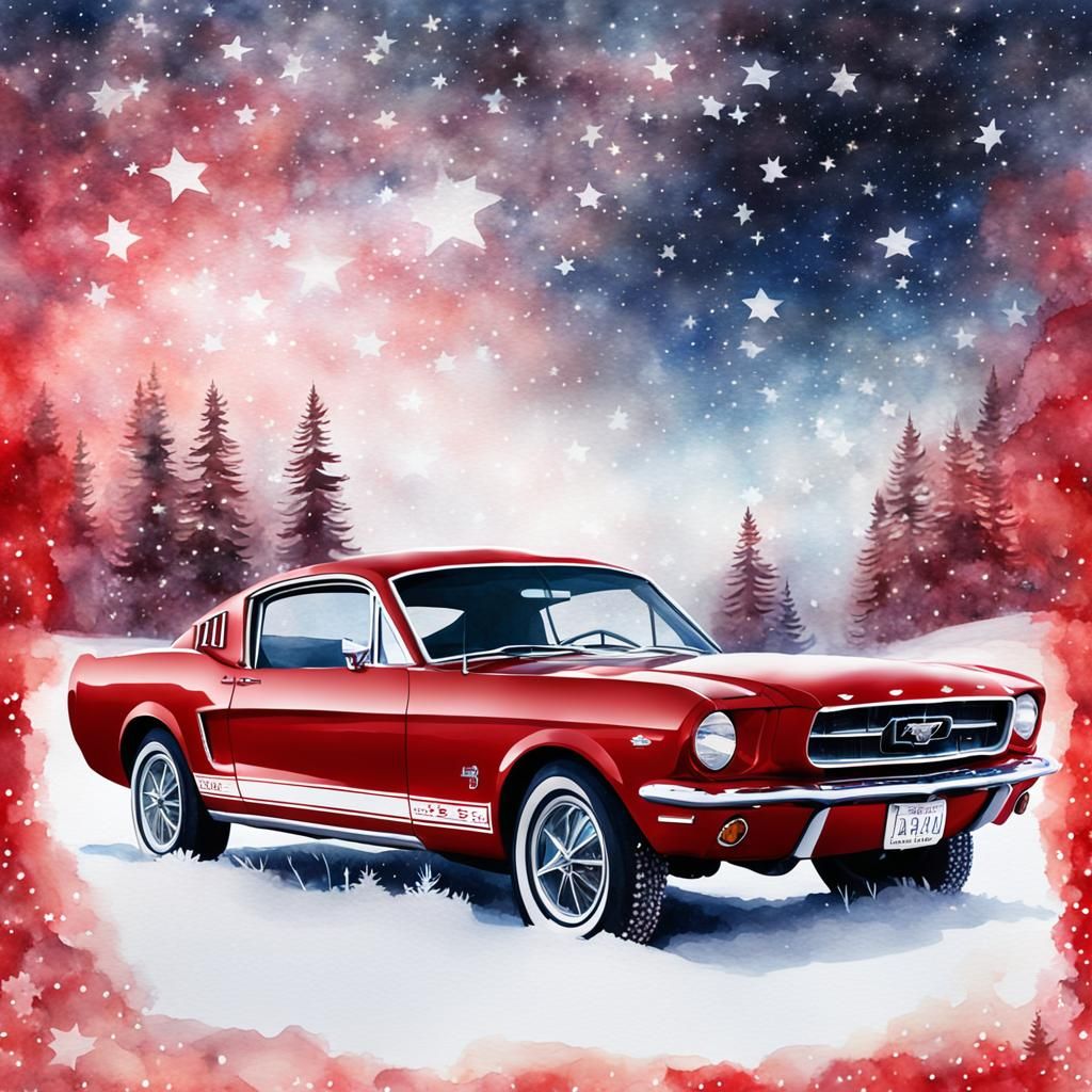 Red Mustang Double Exposure in Watercolor Style