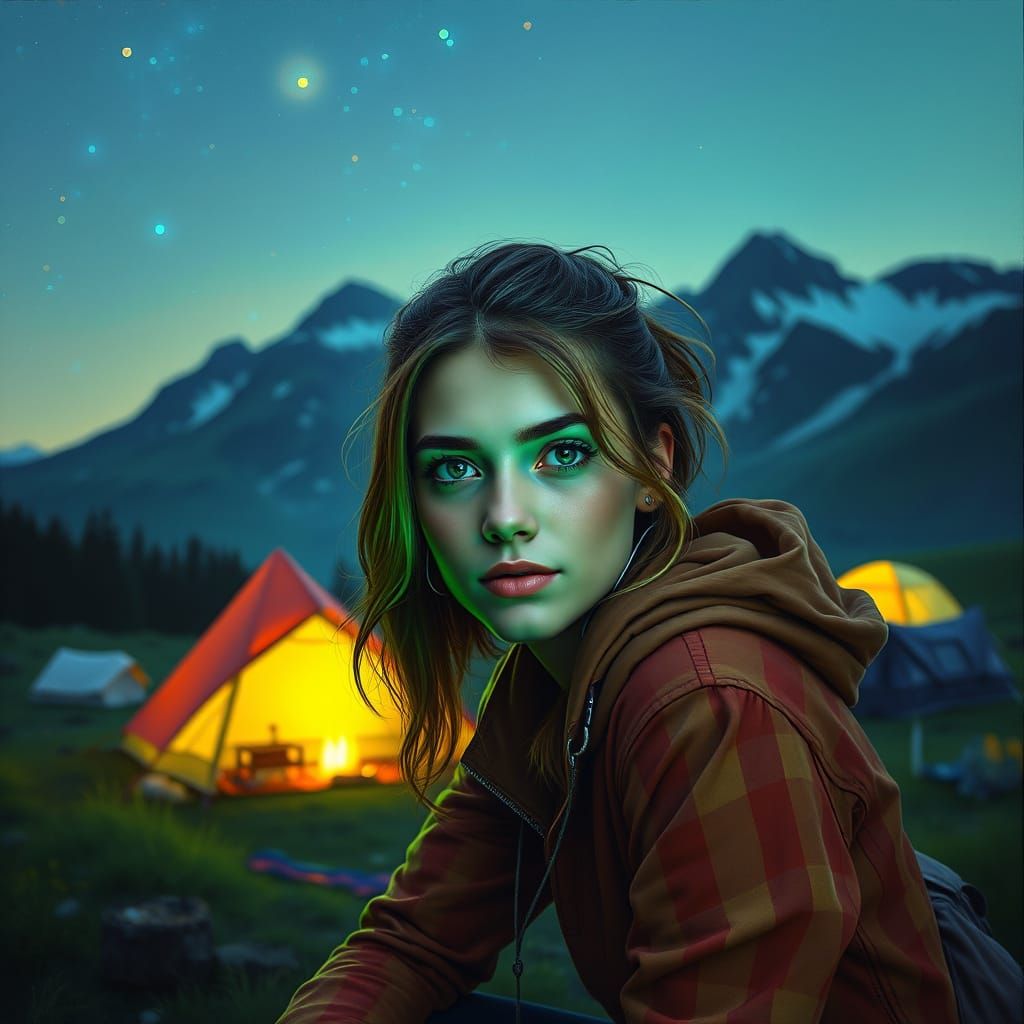 Neon Green Oil Painting of Woman Camping