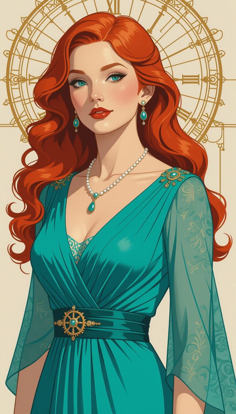 Redhead Woman in Turquoise Dress, Art Deco Style