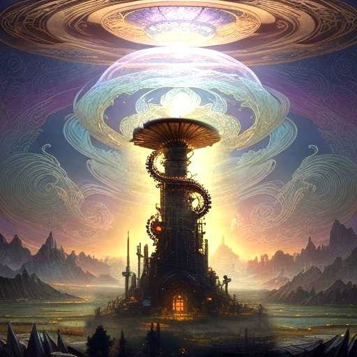 Dreamlike Bonsai Landscape with Holographic Clouds