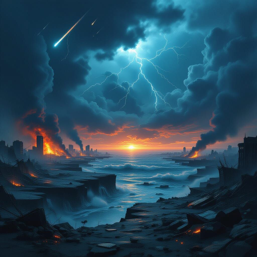 Post-Apocalyptic Landscape with Burning Cities in Retro Sci-...