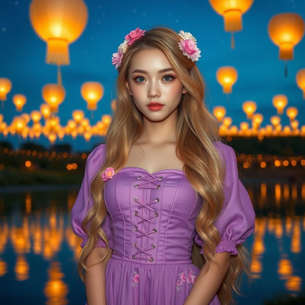 Golden-Haired Woman with Lanterns: Photorealistic Image