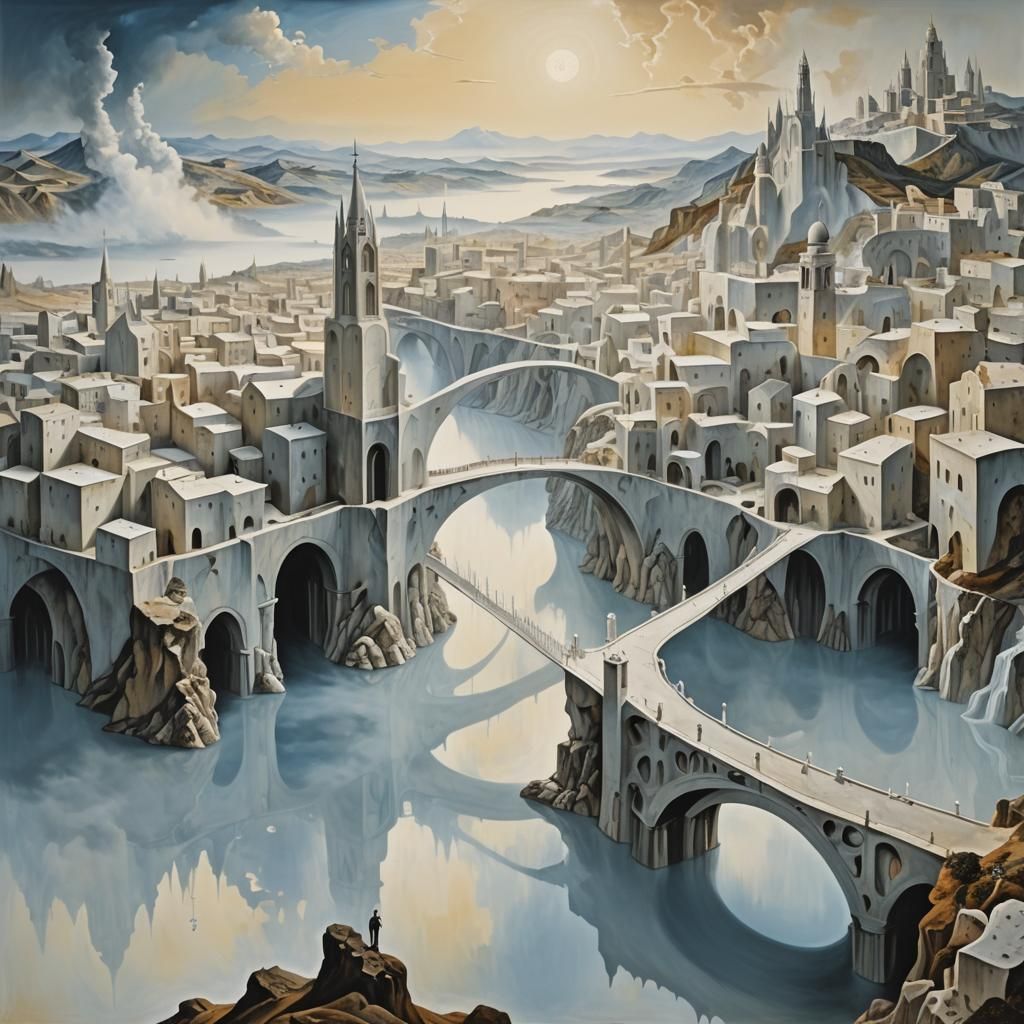 Surreal White Marble City with Fog, Oil on Canvas
