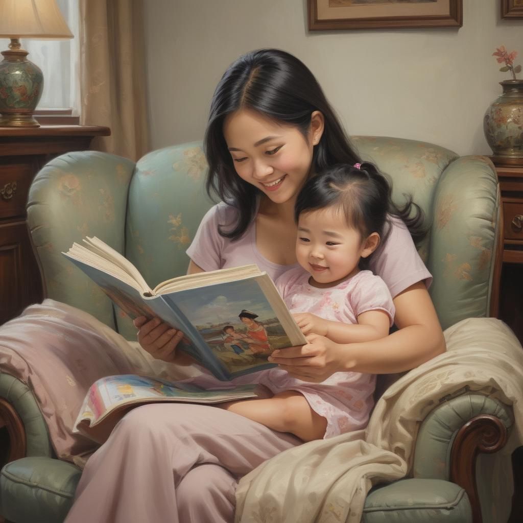 Mother and Daughter Reading, Oil Painting