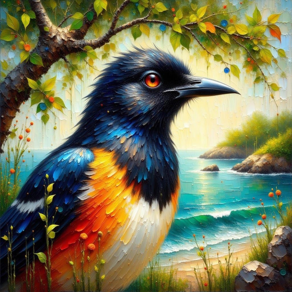 Joyful Magpie Spirit Animal Amidst English Oak and Ocean