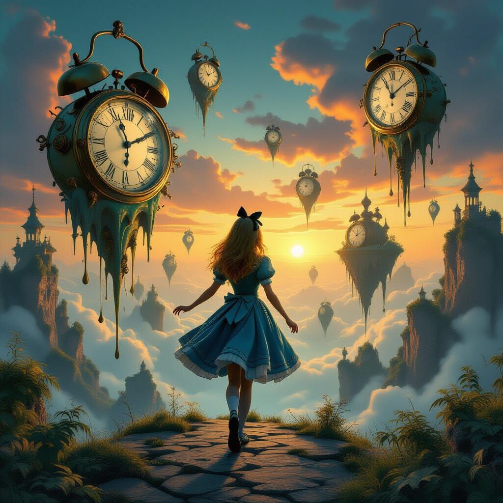 Surreal Dreamscape with Clockwork Alice on Floating Islands