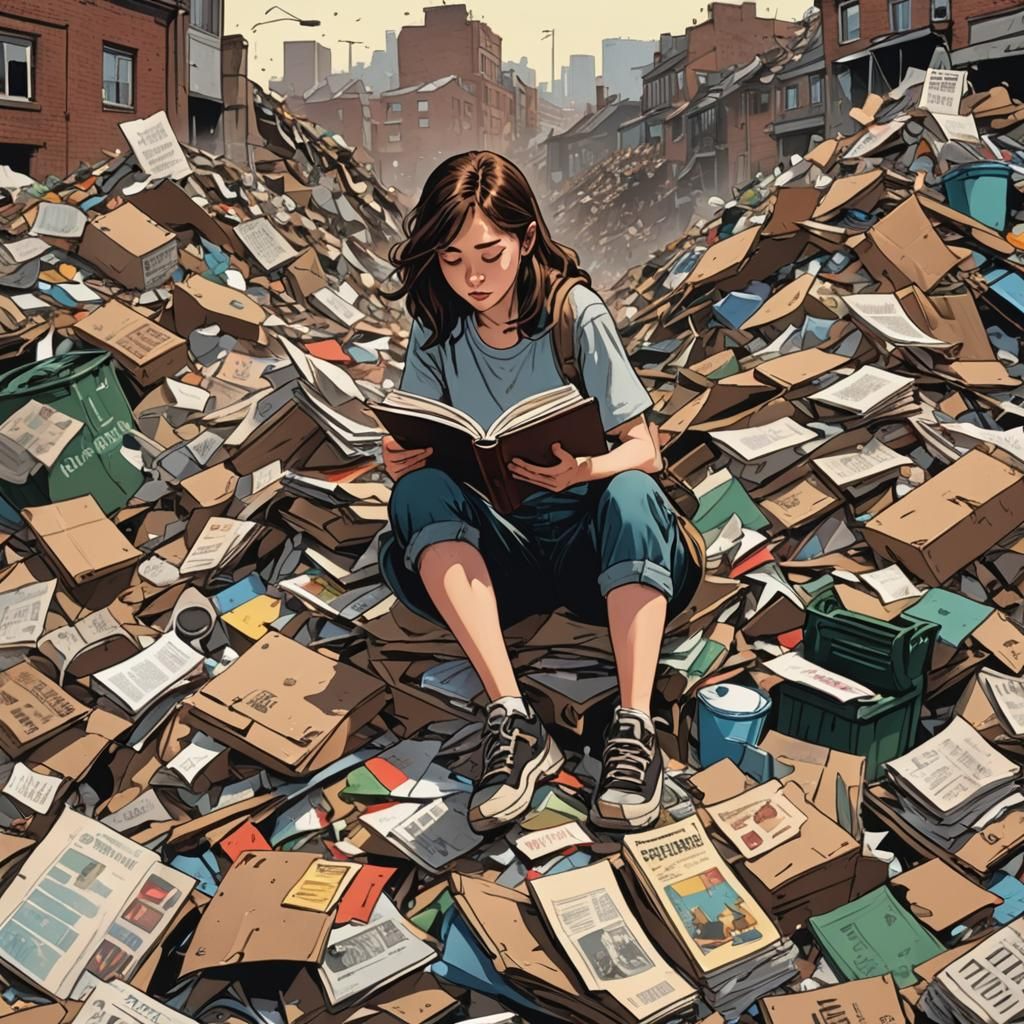 Girl Reading on Trash Pile in Comic Style