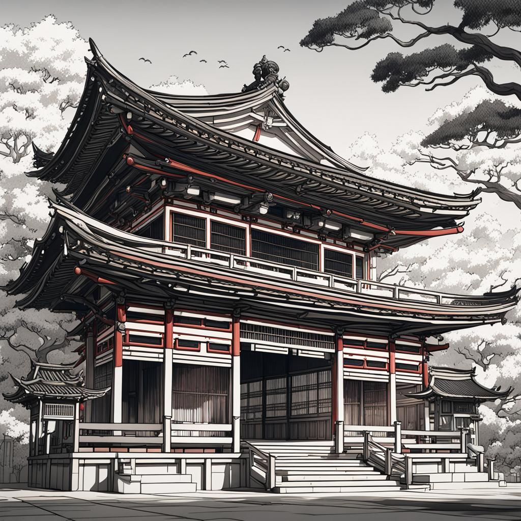 Detailed Line Art of Japanese Pavilion