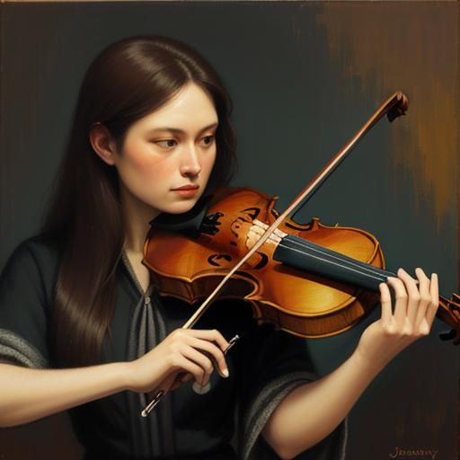 Girl Playing Violin as Oil Painting