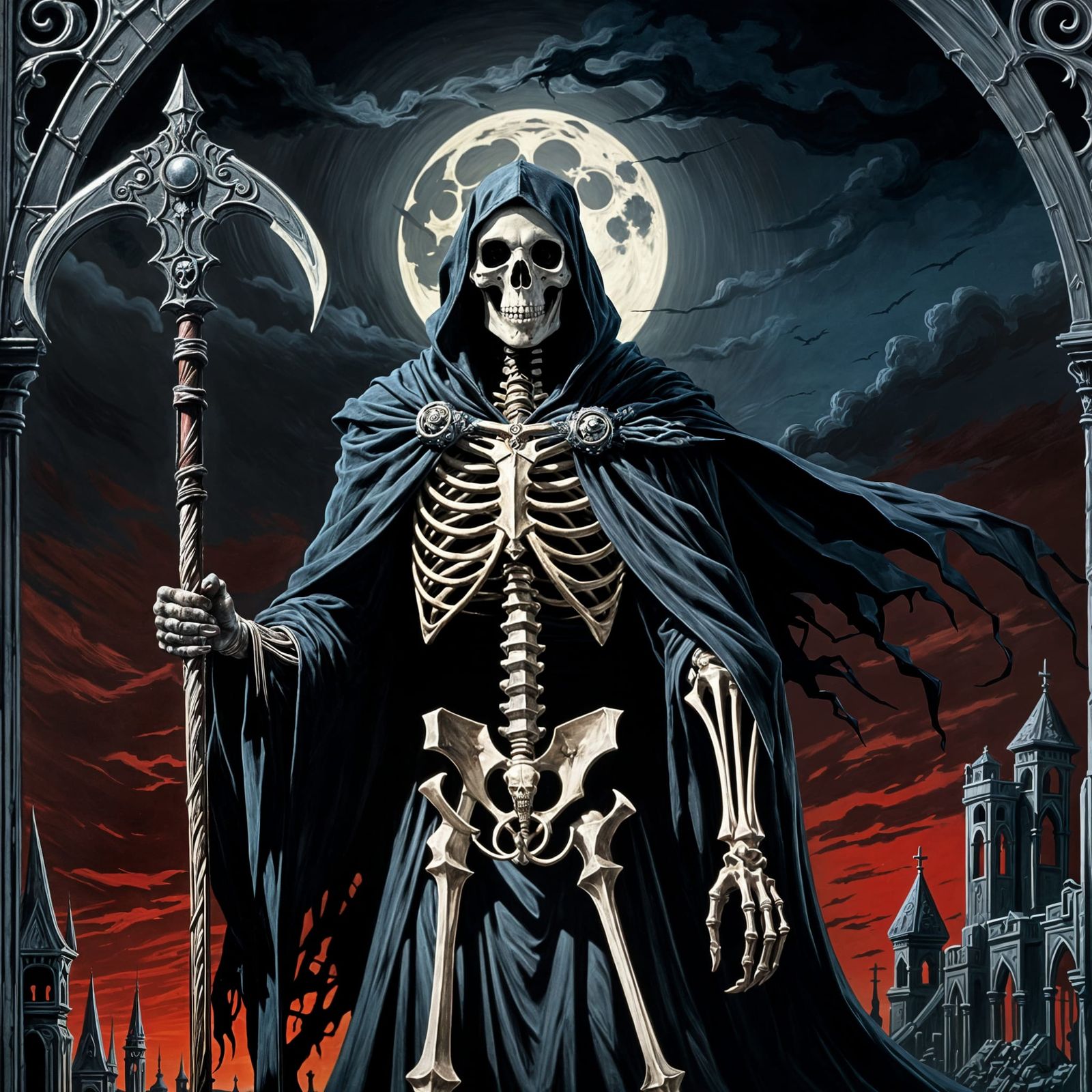 Grim Reaper in Ruined City: Gothic Oil Painting