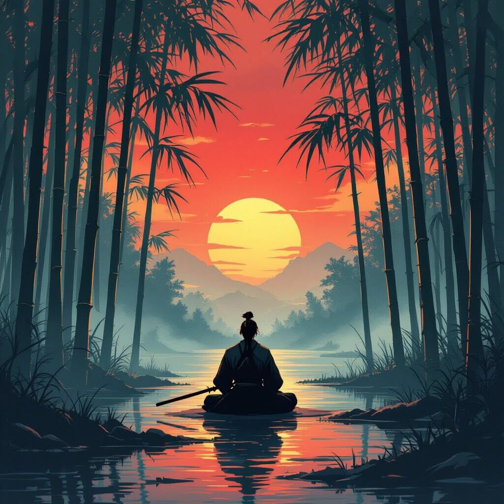 Samurai Meditating at Sunset in Japanese Art Style