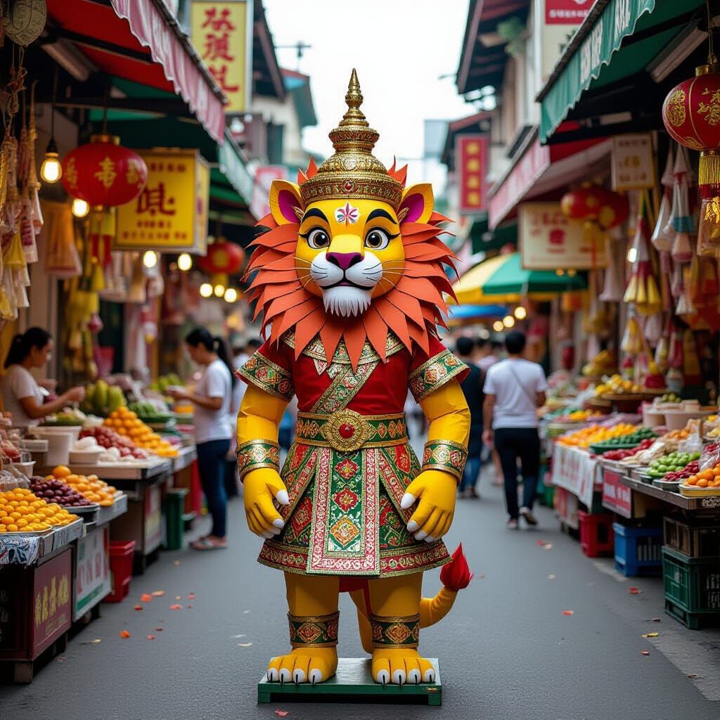 Paper Lion in Thai Market: Vibrant Street Photography