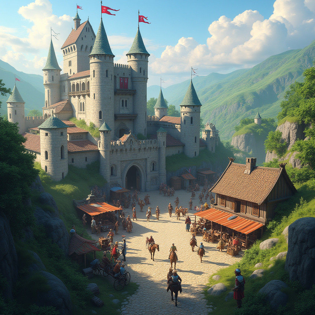 Lively Medieval Castle Scene in Detailed Matte Painting