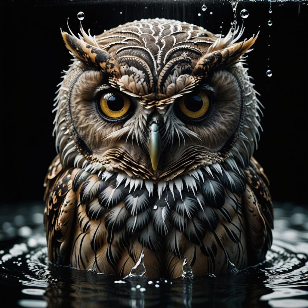 Transparent Water Owl Emerge from Pool with Glistening Eyes