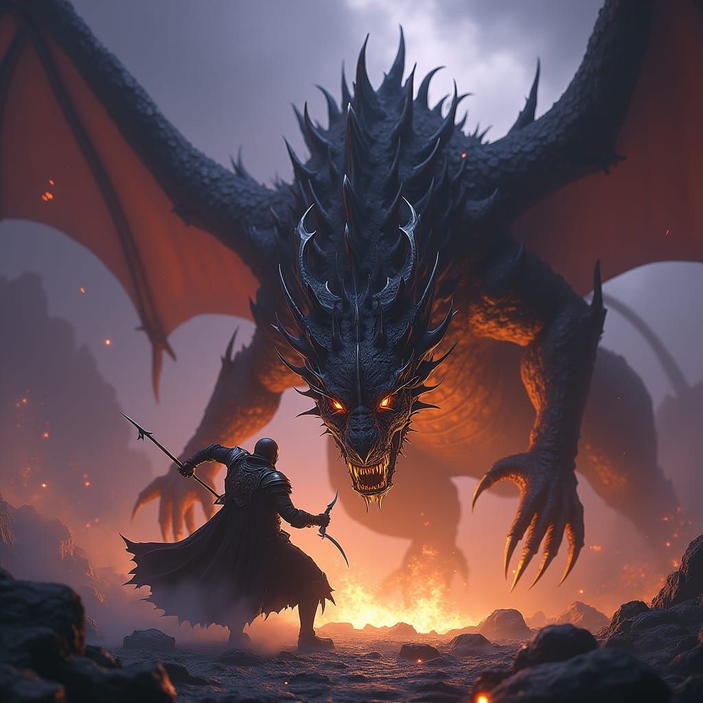 Dragon and Warrior Battle in Dark Fantasy Style