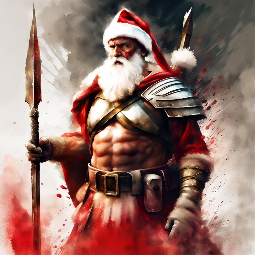Santa as Spartan Soldier in Watercolor Style