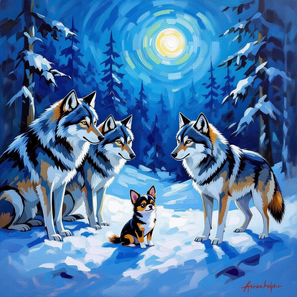 Chihuahua Befriends Wolf Pack in Moonlit Forest Clearing