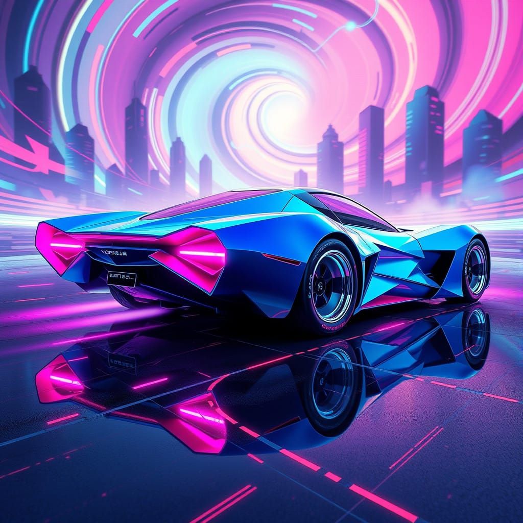 Vaporwave Retrofuturism Concept Car in Electric Blue