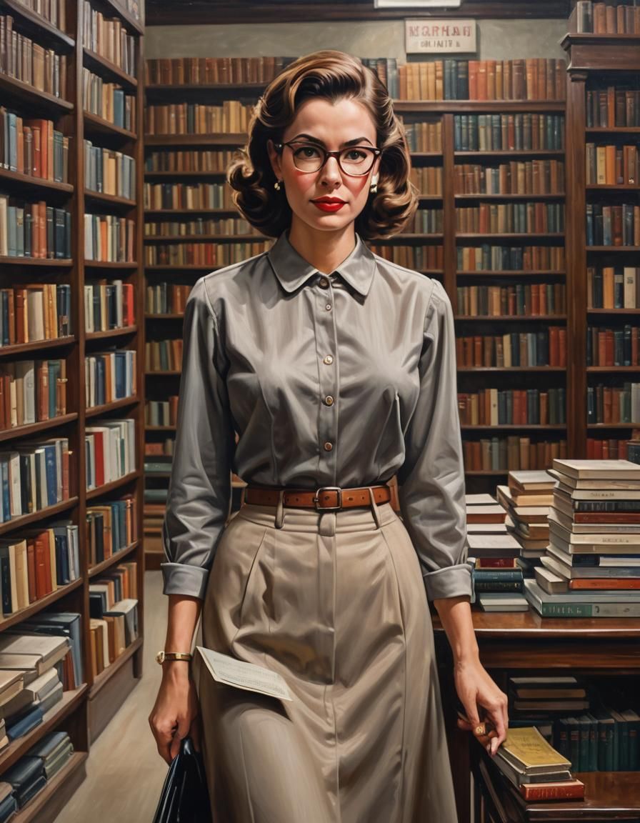 1950s Woman in Bookstore: Photorealistic Oil Painting