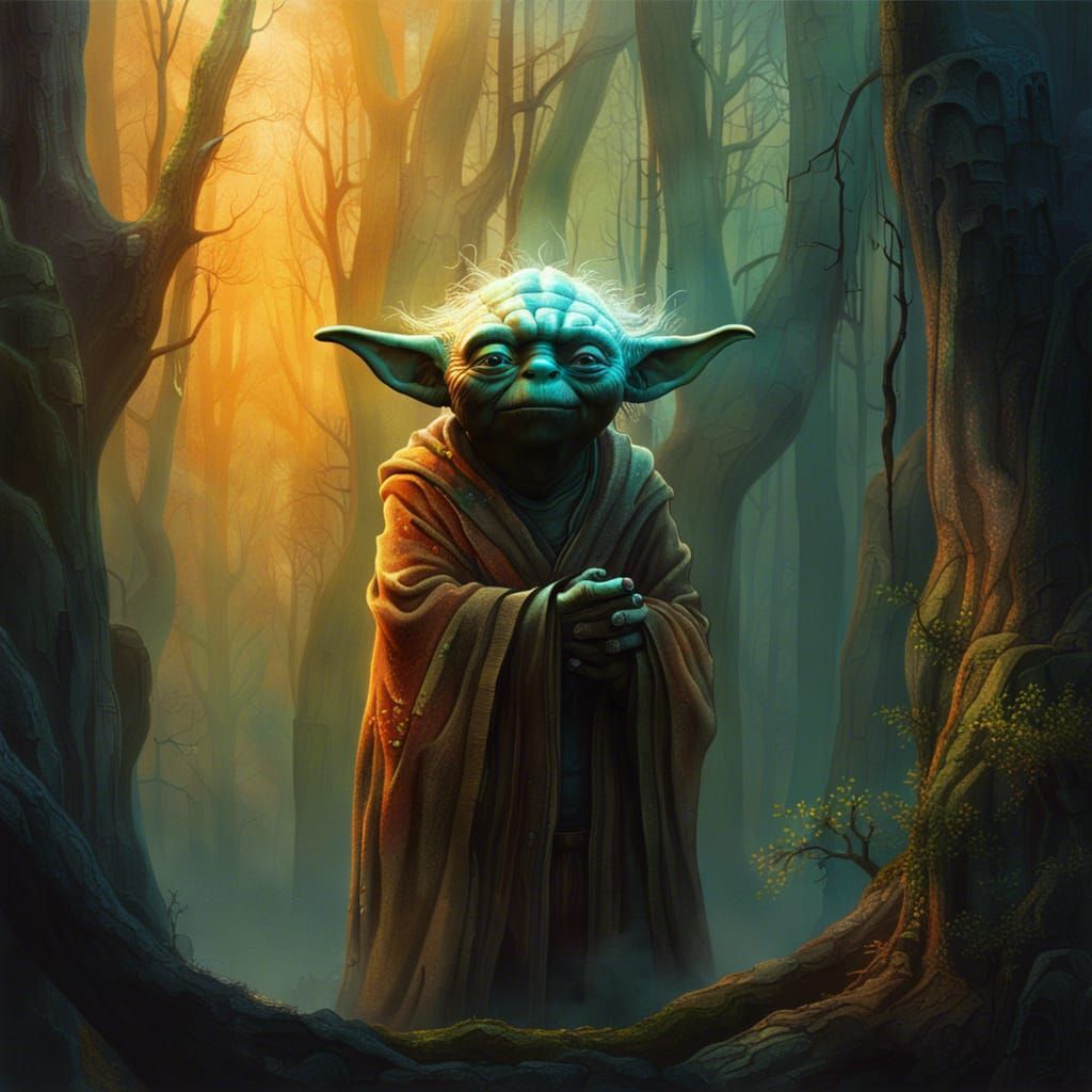 Mystical Yoda in Bioluminescent Forest, Beksiński Style