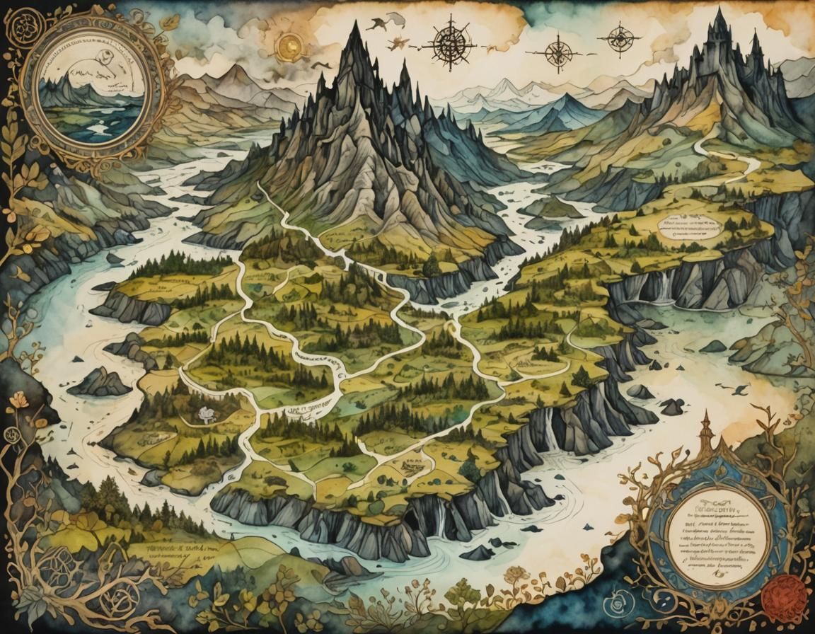 Mysterious Ink Landscape Map in Tolkien Style