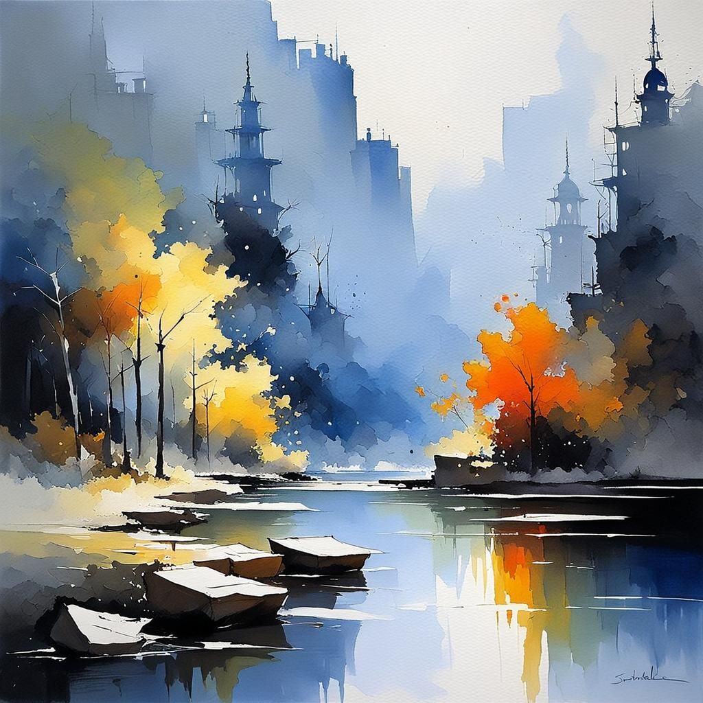 Abstract Watercolor Art in Complementary Colors