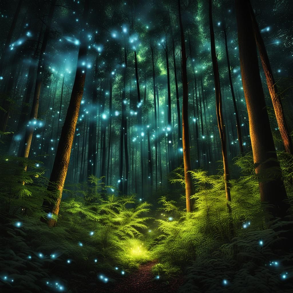Luminescent Fireflies Light Up Forest: Hyperrealistic Image