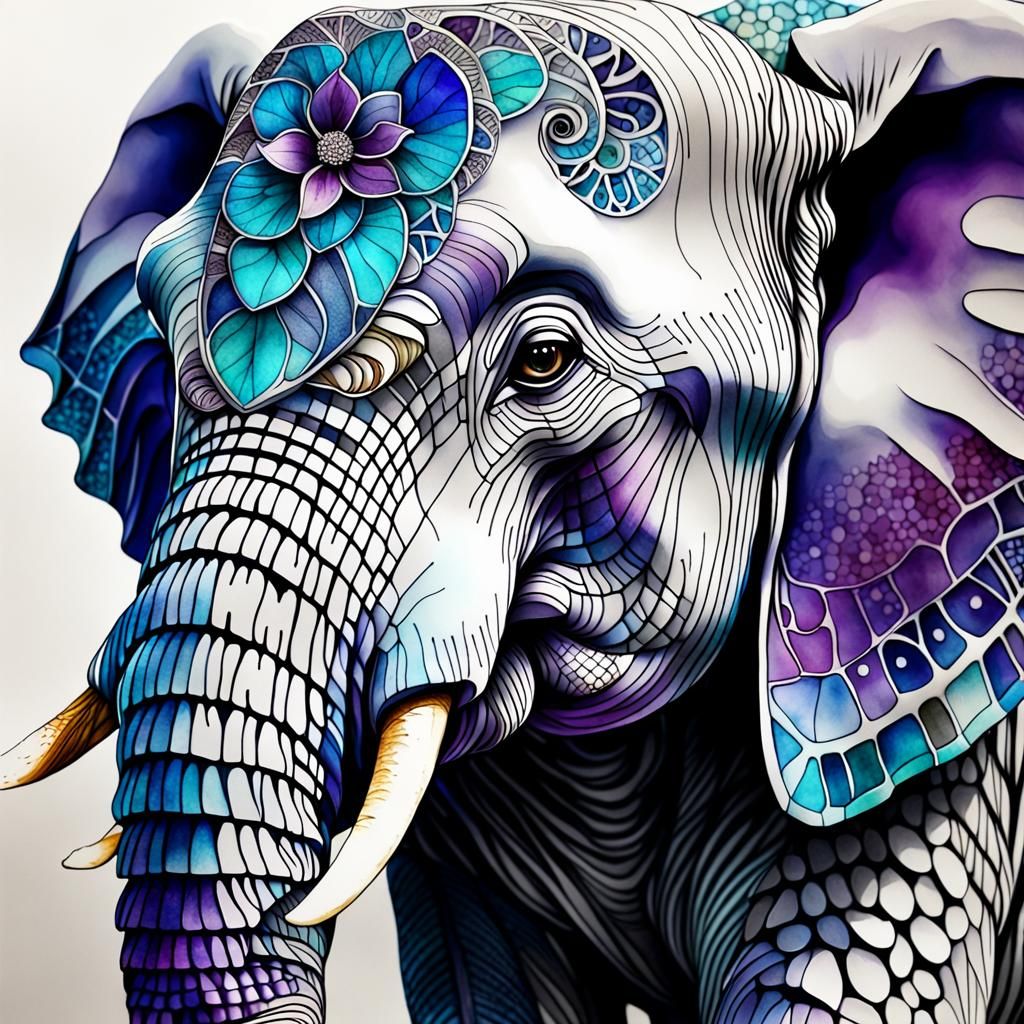 Zentangle Elephant Portrait in Alcohol Ink