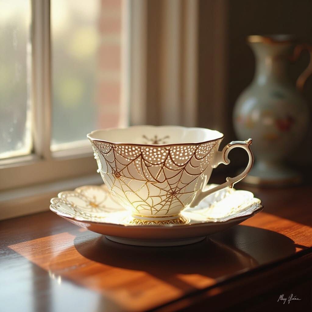 Spiderweb Teacup and Saucer in Whimsical Fantasy Art