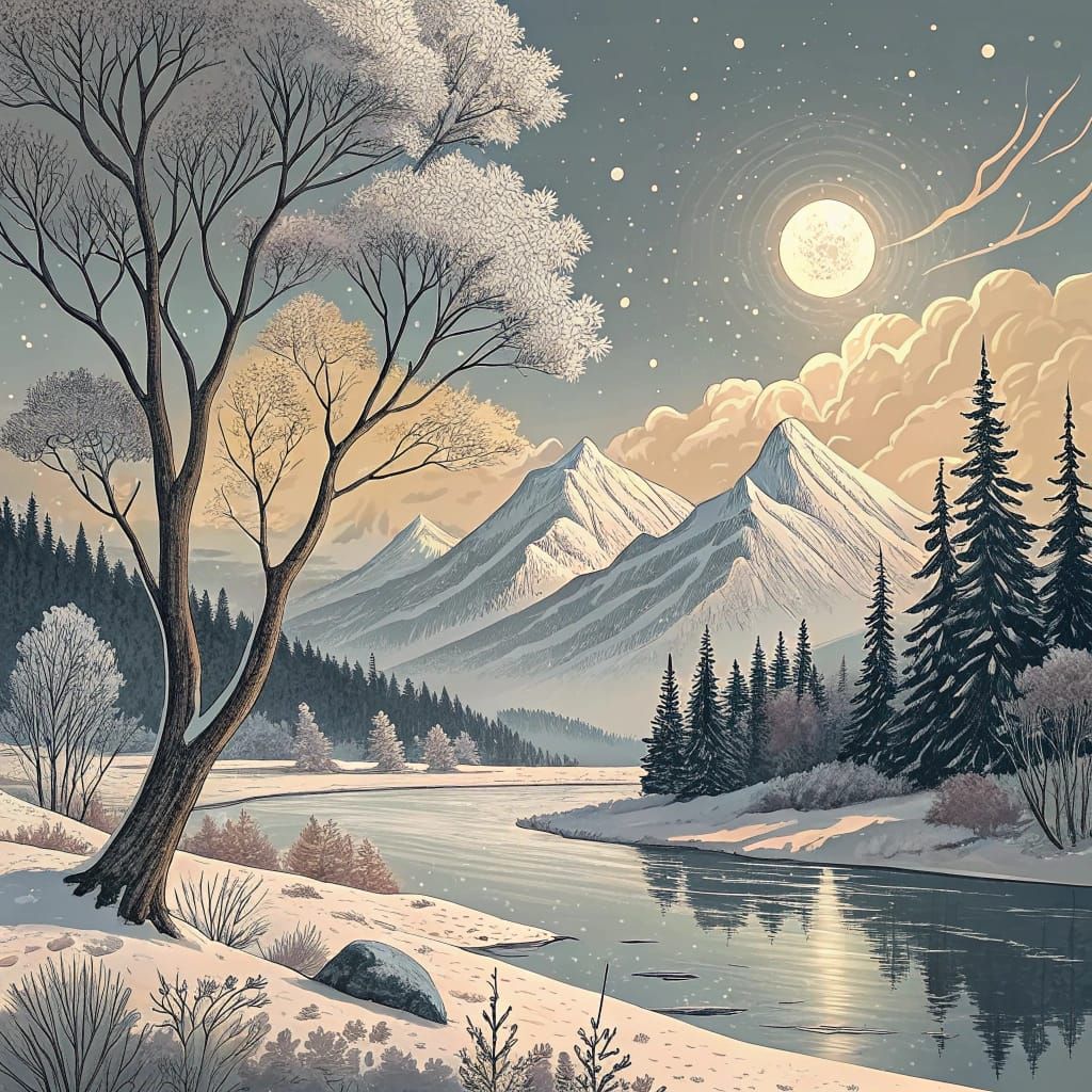 Ethereal Winter Scene in Minimalist Graphic Style