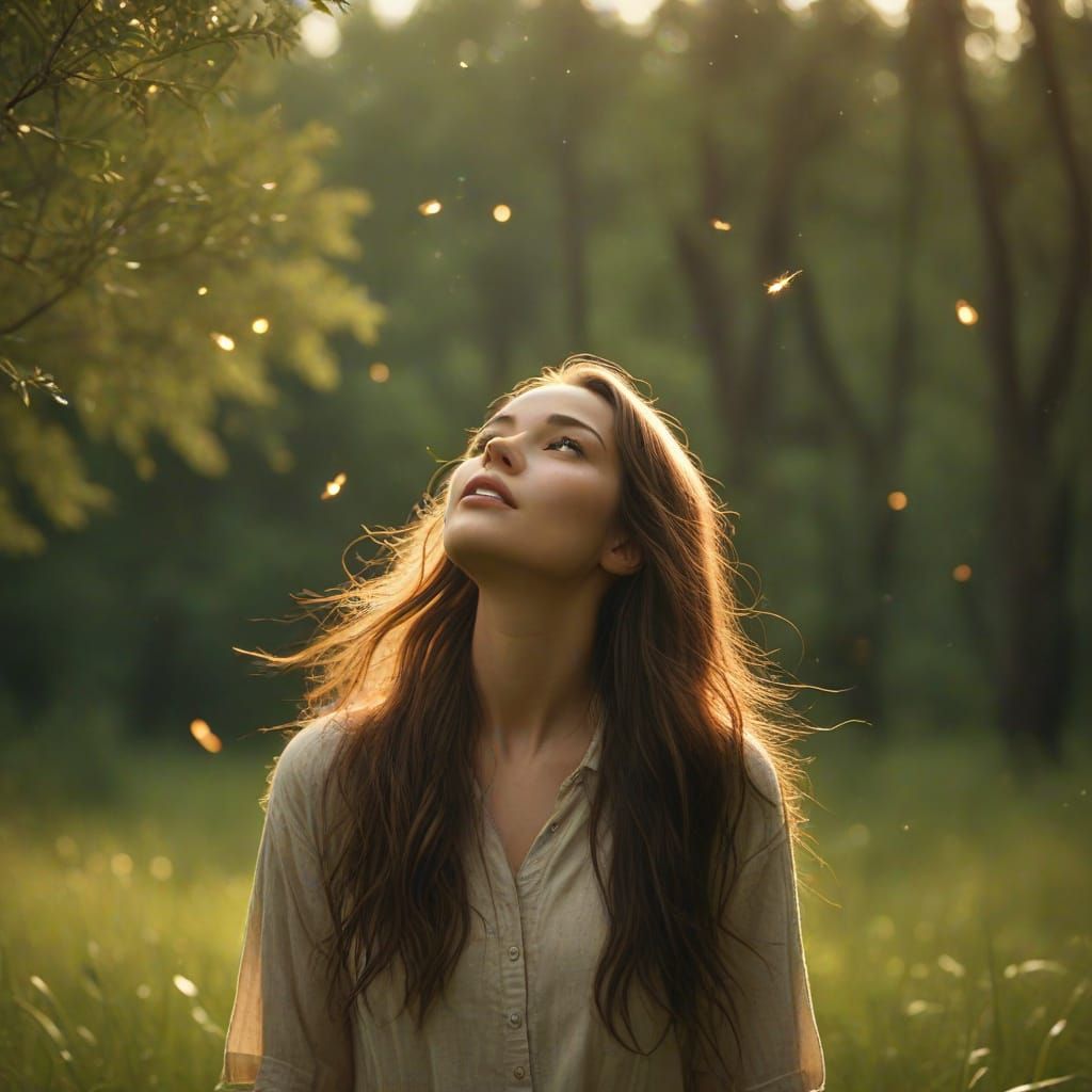 Ethereal Film Still: Brunette Woman in Lush Meadow