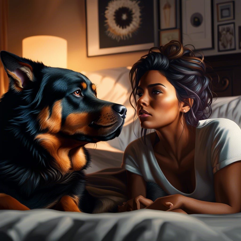 Latina and Rottweiler: Hyperrealistic Morning Scene