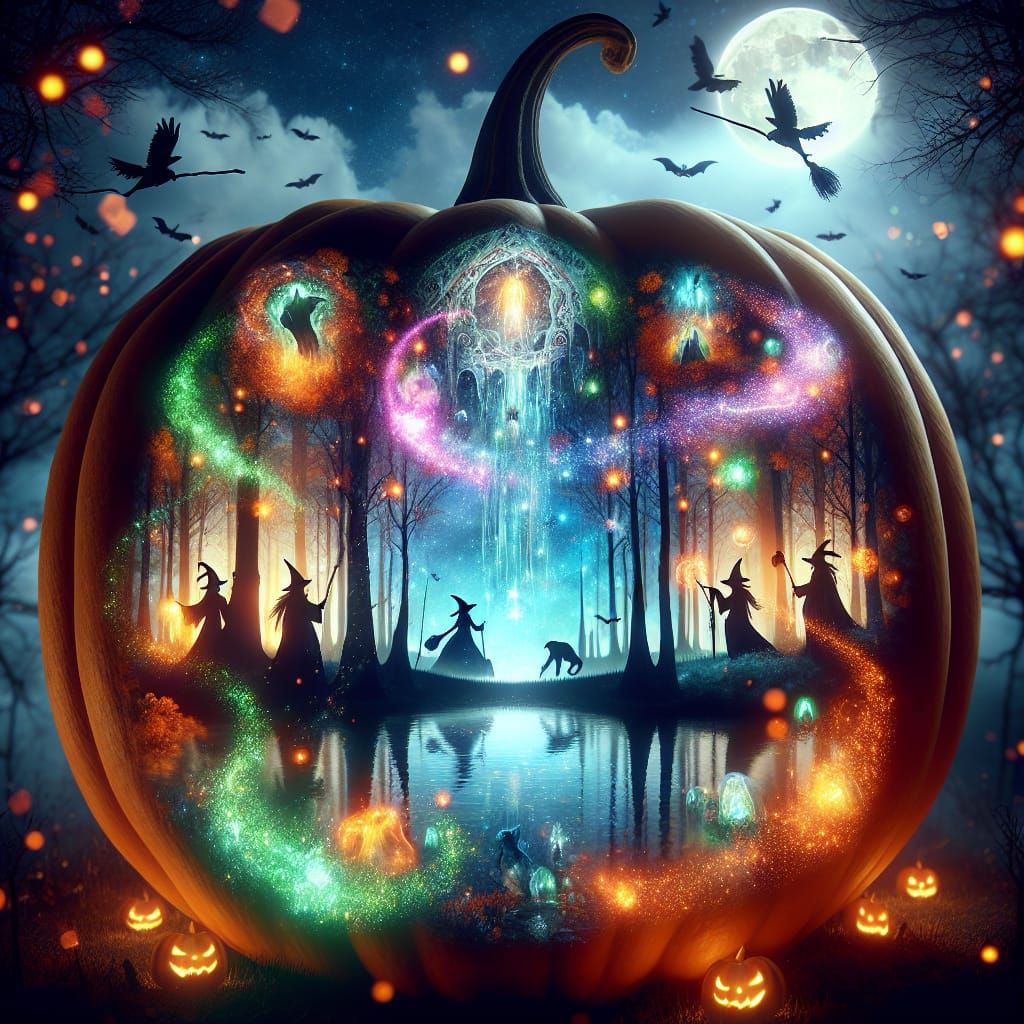 Enchanted Forest Inside Giant Pumpkin with Witches