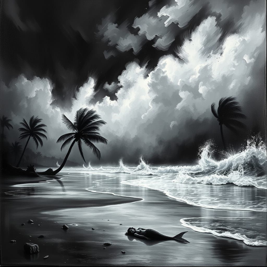 Dramatic Storm on Windswept Beach as Oil Painting