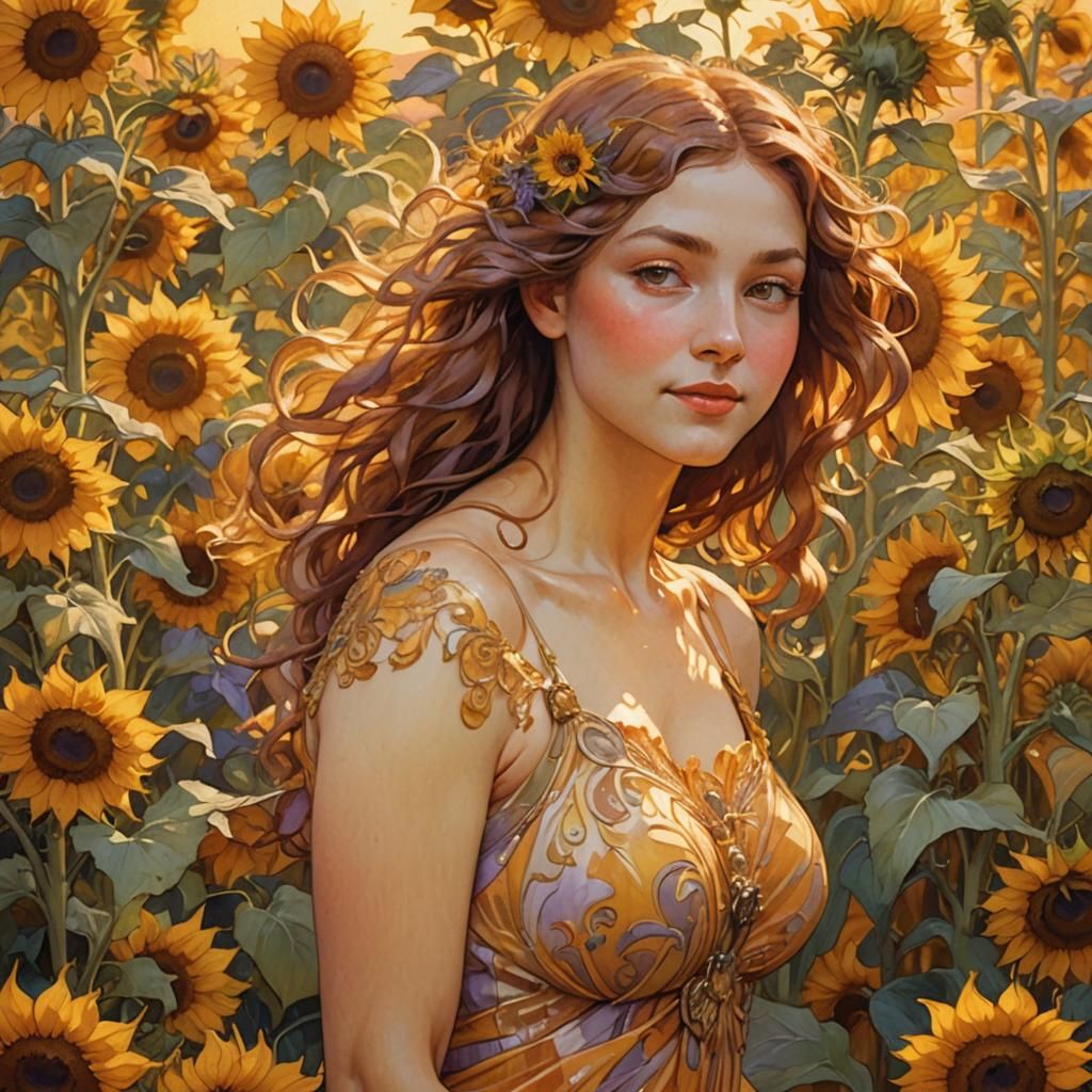 Elfin Woman with Sunflowers in Art Nouveau Style