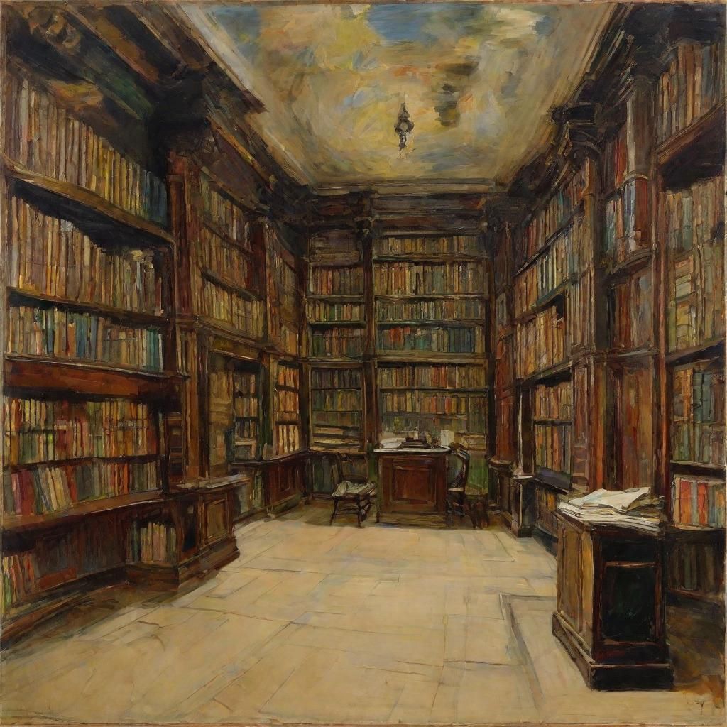 Vintage Library Interior in Impressionist Style