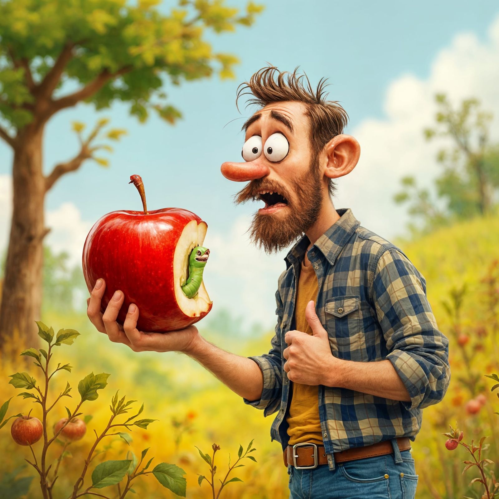 Man Surprised by Frightened Earthworm Emerging from Apple