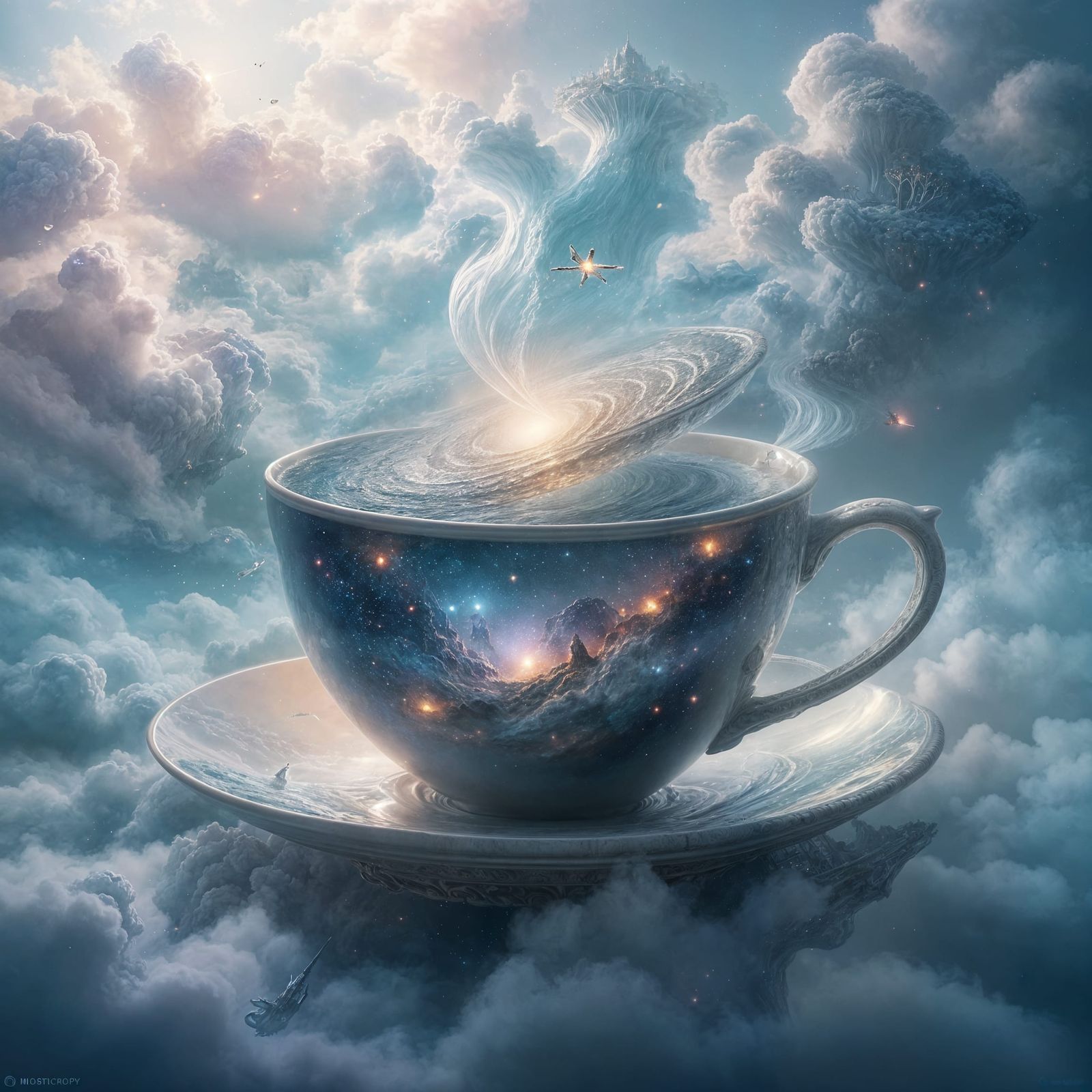 Cosmic Teacup in Ethereal Void: Surreal Fantasy Art