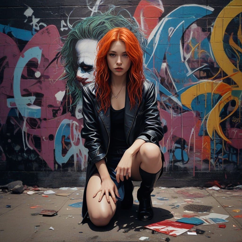 Woman Kneeling Before Graffiti Wall in Fantasy Art Style