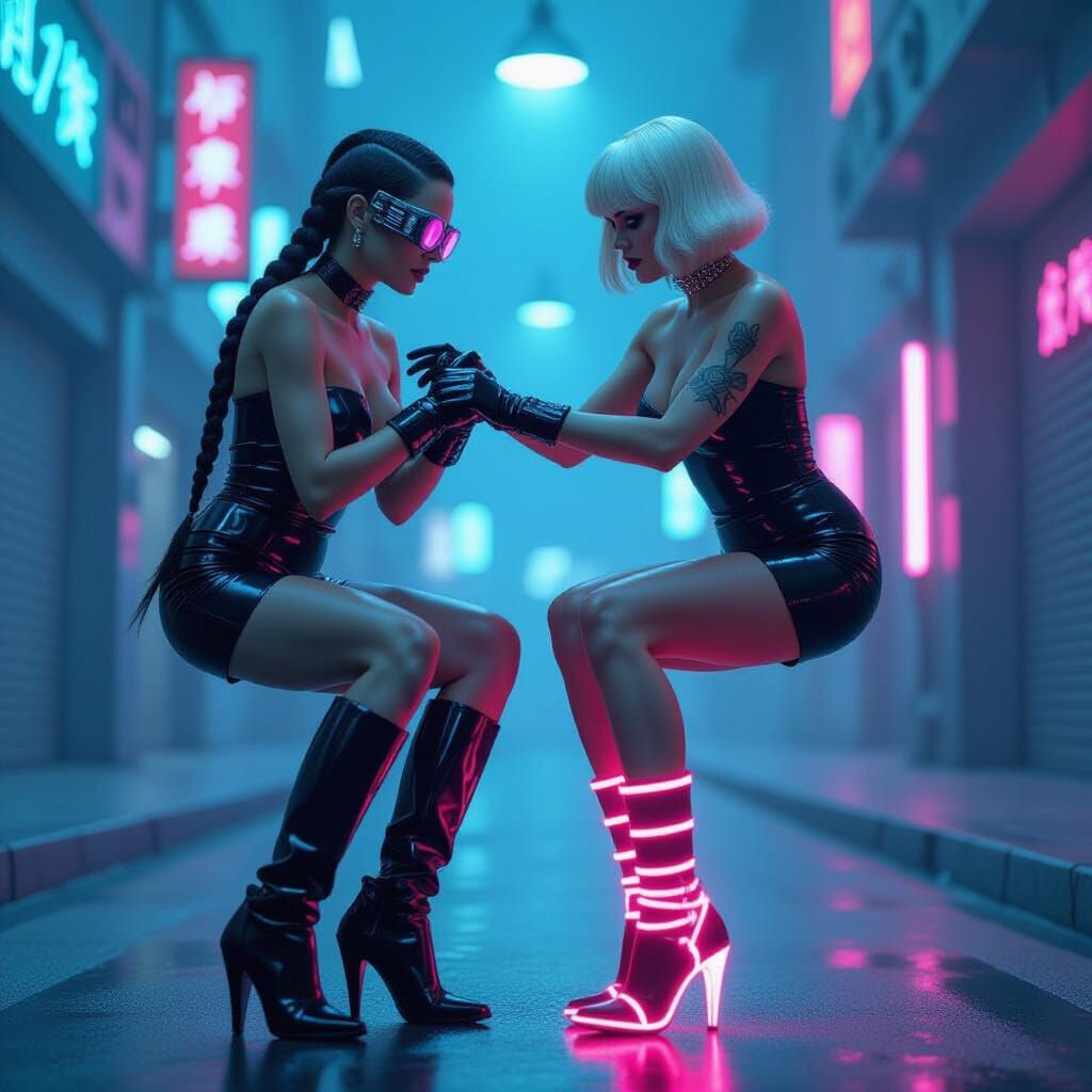 Future Women in Neon Latex with Glowing Boots