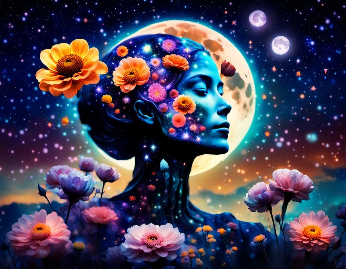 Floral Macabre Figure in Cosmic Double Exposure Art