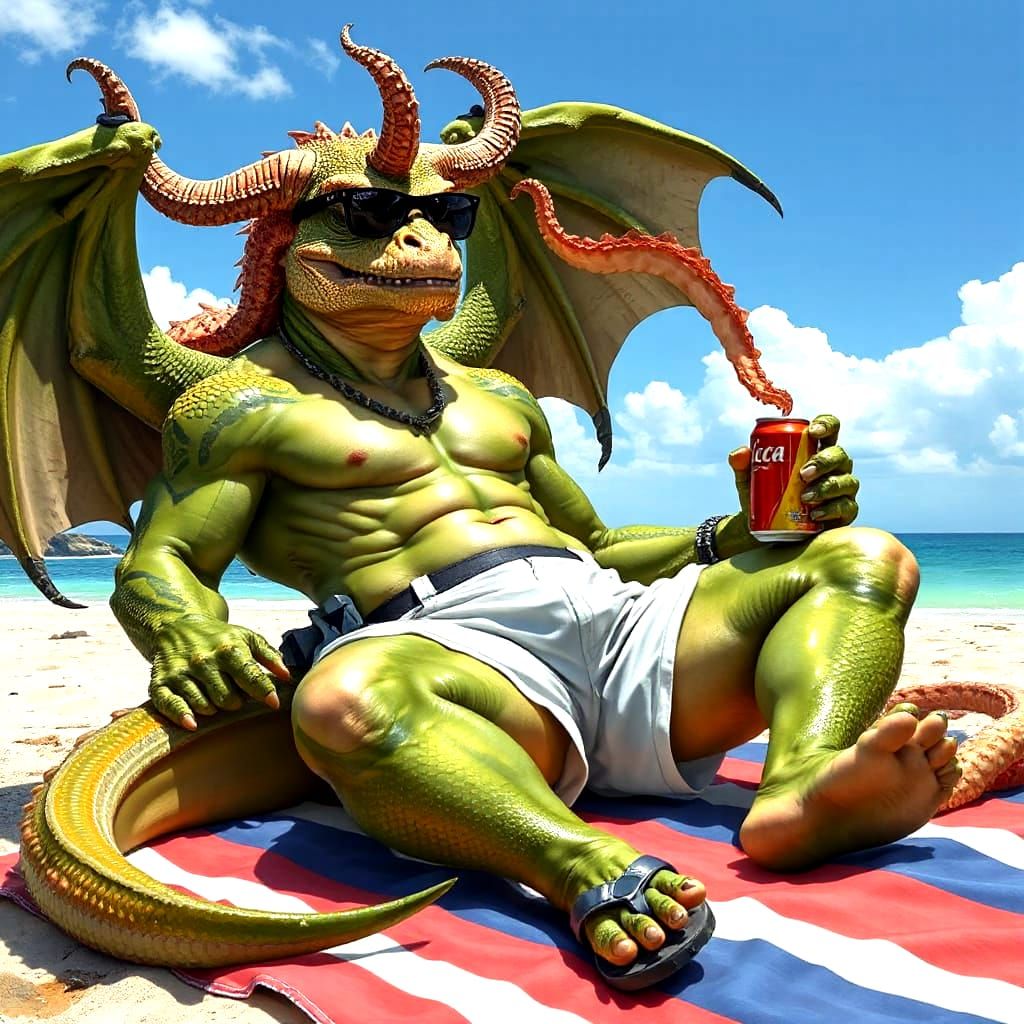 Winged Reptilian Demon Relaxing on Beach