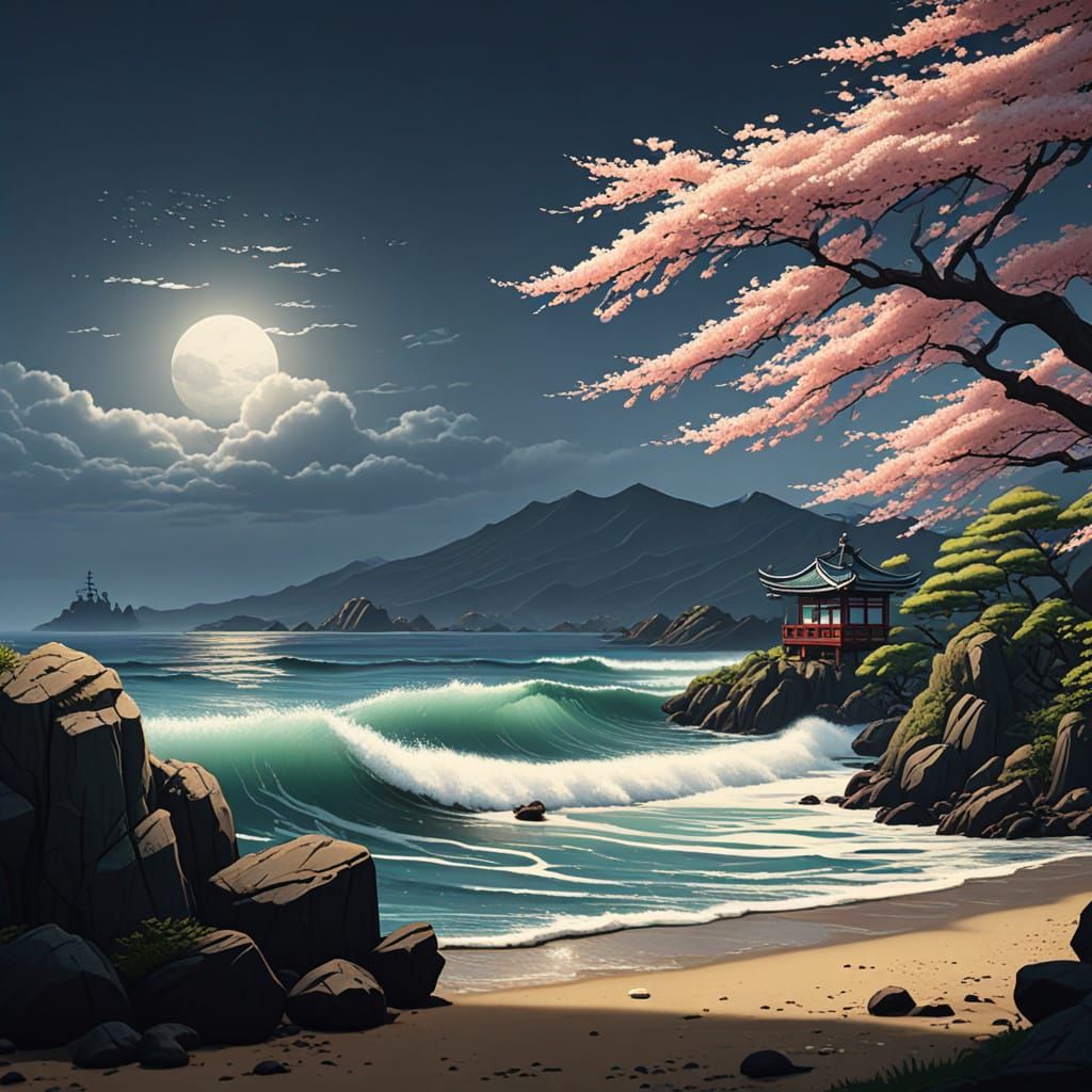 Serene Suruga Bay Landscape in Traditional Japanese Woodbloc...