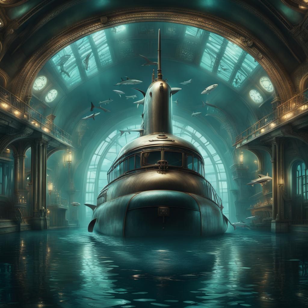 Art Deco Submarine and Sharks in Digital Painting