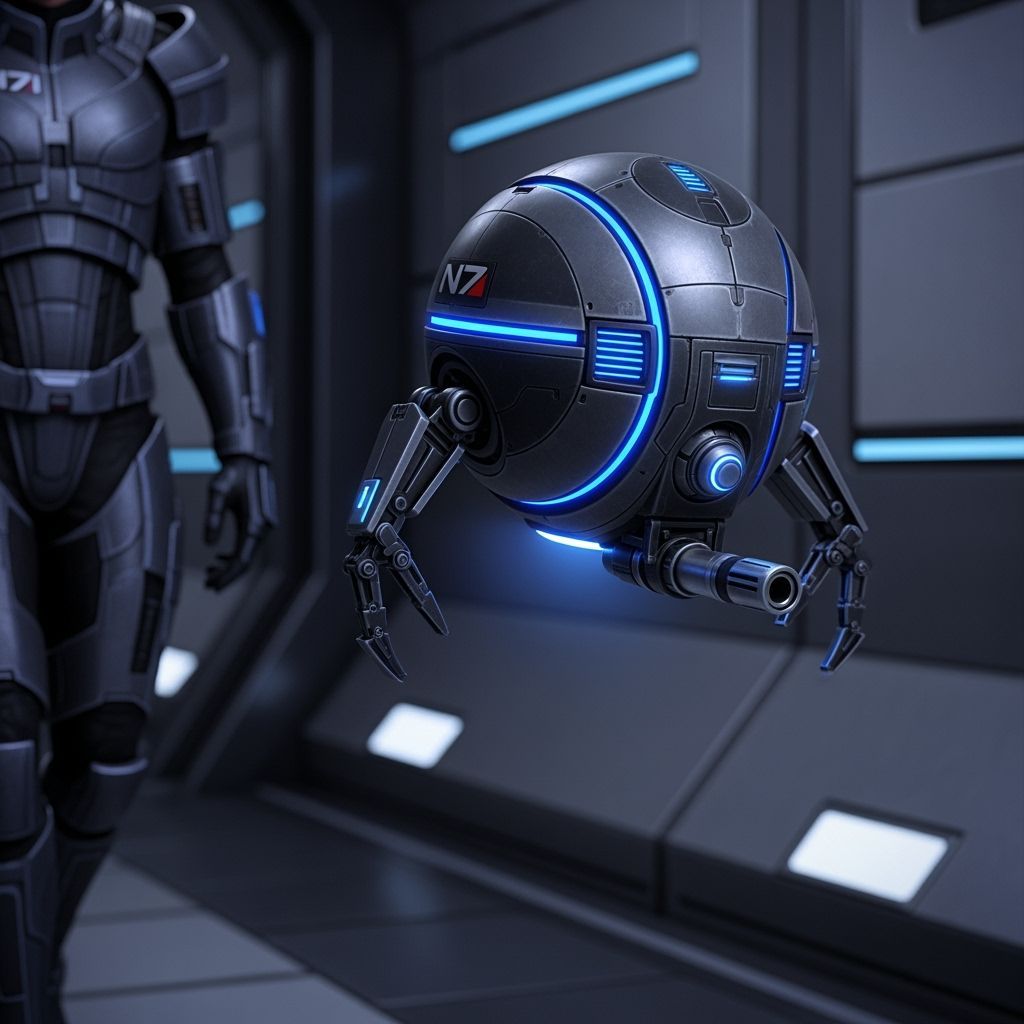 Futuristic Drone Accompanies Soldier in Dim Corridor