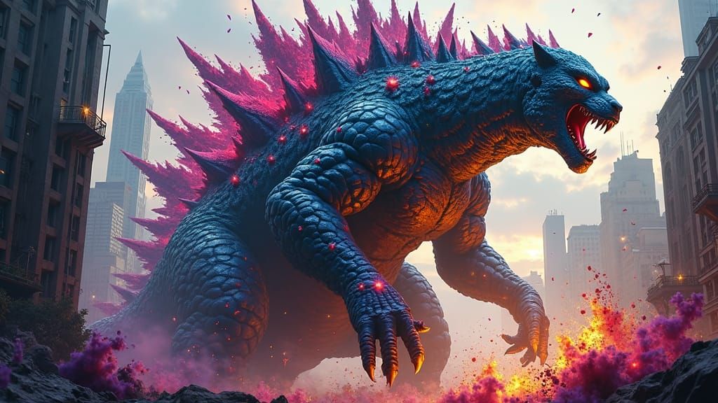 Godzilla-Cat Hybrid Rampage in Abstract Expressionist Style